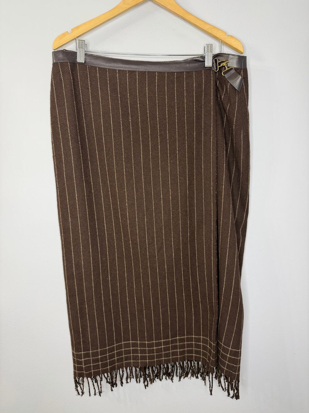 Vintage A. Giannetti Wool Brown Striped Wrap Midi Skirt Fringe Sz 16